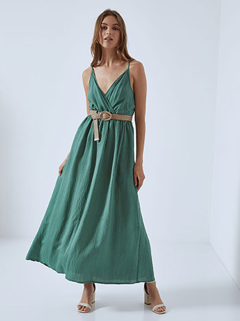 Μονόχρωμο φόρεμα με τιράντες, κρουαζέ, ρυθμιζόμενες τιράντες, ελαστική μέση, ελαστική πλάτη, πρασινο