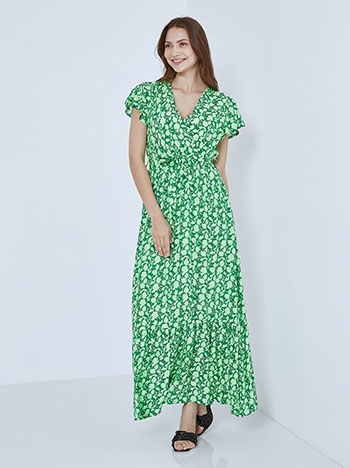 Κρουαζέ εμπριμέ φόρεμα, v λαιμόκοψη, αποσπώμενη ζώνη, ελαστική μέση, με βολάν, πρασινο ανοιχτο