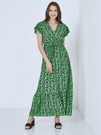 Κρουαζέ εμπριμέ φόρεμα, v λαιμόκοψη, αποσπώμενη ζώνη, ελαστική μέση, με βολάν, πρασινο