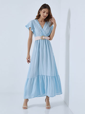 Κρουαζέ maxi φόρεμα με βαμβάκι, v λαιμόκοψη, αποσπώμενη ζώνη, ελαστική μέση, με βολάν, γαλαζιο