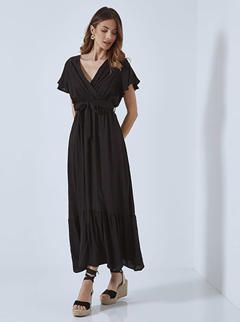 Κρουαζέ maxi φόρεμα με βαμβάκι, v λαιμόκοψη, αποσπώμενη ζώνη, ελαστική μέση, με βολάν, μαυρο