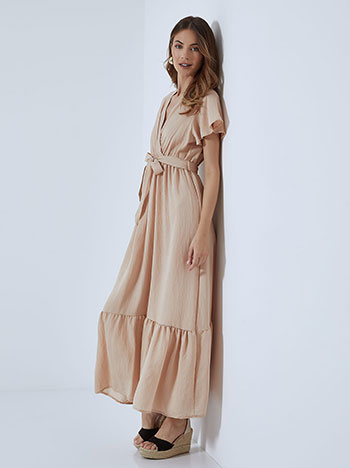 Κρουαζέ maxi φόρεμα με βαμβάκι, v λαιμόκοψη, αποσπώμενη ζώνη, ελαστική μέση, με βολάν, μπεζ