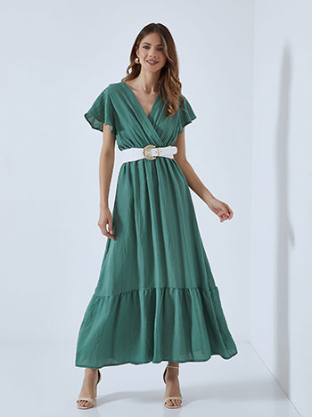 Κρουαζέ maxi φόρεμα με βαμβάκι, v λαιμόκοψη, αποσπώμενη ζώνη, ελαστική μέση, με βολάν, πρασινο