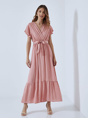 Κρουαζέ maxi φόρεμα με βαμβάκι, v λαιμόκοψη, αποσπώμενη ζώνη, ελαστική μέση, με βολάν, σαπιο μηλο