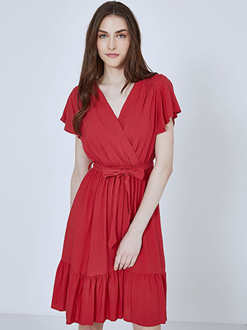 Κρουαζέ mini φόρεμα, ελαστική μέση, αποσπώμενη ζώνη, θηλιές στη μέση, τριανταφυλλι