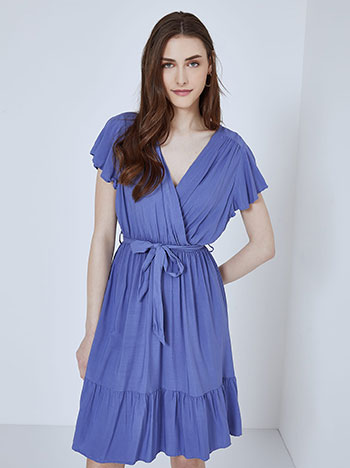 Κρουαζέ mini φόρεμα, ελαστική μέση, αποσπώμενη ζώνη, θηλιές στη μέση, μπλε