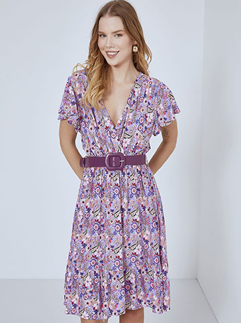 Printed dress with belt in light purple