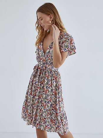 Printed dress with belt in off white