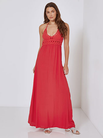 Maxi φόρεμα με κεντητό διάτρητο πάνω μέρος σε κόκκινο