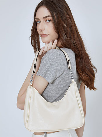 Leather effect bag with printed strap in light beige