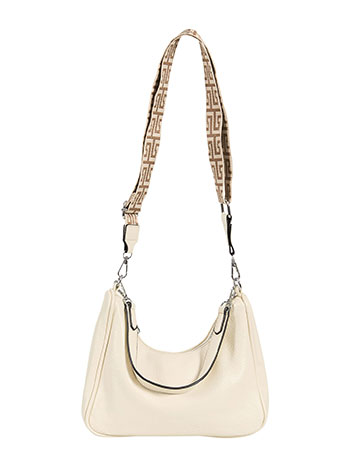 Leather effect bag with printed strap in light beige