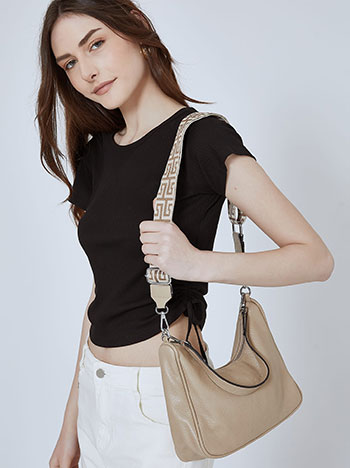 Leather effect bag with printed strap in beige