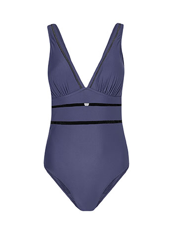 One-piece swimsuit with fishnet details in dark purple