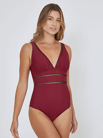 One piece swimsuit with fishnet details in wine red