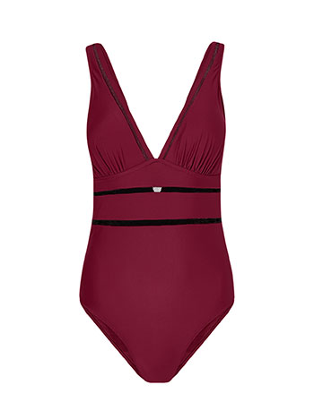 One-piece swimsuit with fishnet details in wine red