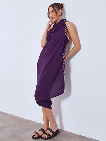 Παρεό μονόχρωμο με φουντάκια σε μωβ σκούρο