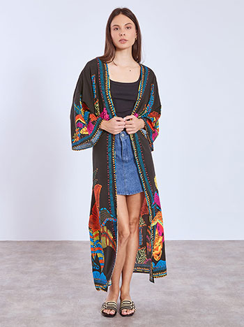 Kimono printed with belt in black