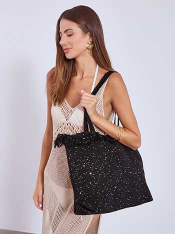 Beach bag knitted with sequins in black
