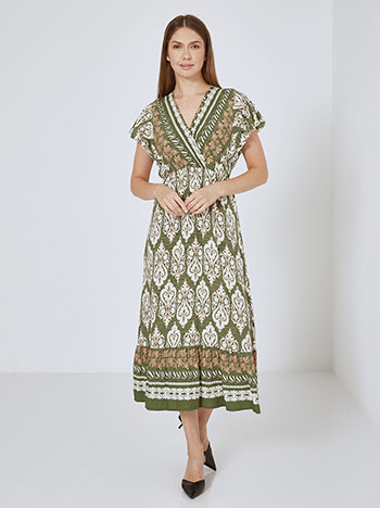 Dress printed midi cotton in khaki