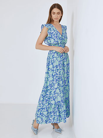 Dress wrap front maxi with ruffles in blue