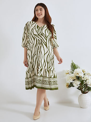 Dress midi printed with viscose in khaki