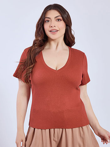 Top rib with V neckline in terracota