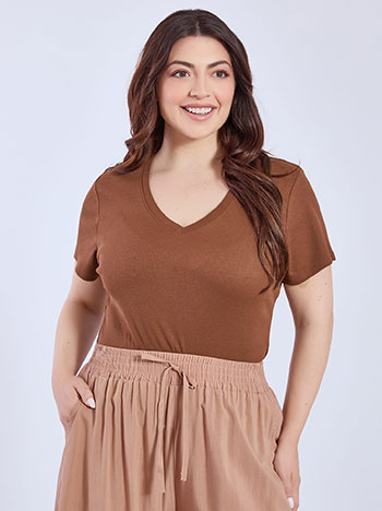 Top rib with V neckline in brown