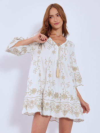 Kaftan dress with metallic broderie details in white