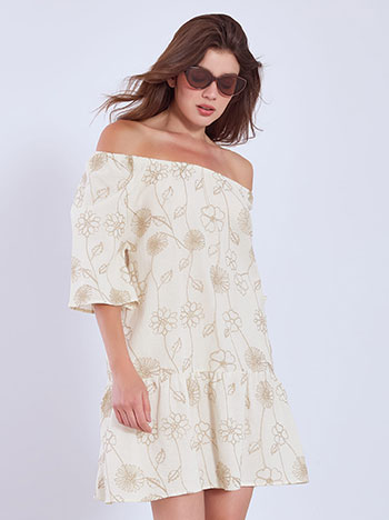Kaftan dress with elastic neckline in light beige