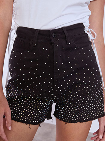 Jeans shorts with strass and raw details in black
