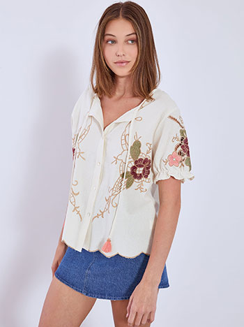 Shirt cotton with broderie details in light beige