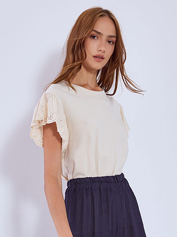 Top with broderie sleeves in beige