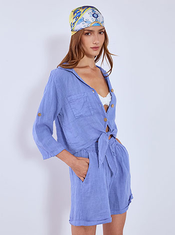 Shirt linen short with tie in light blue