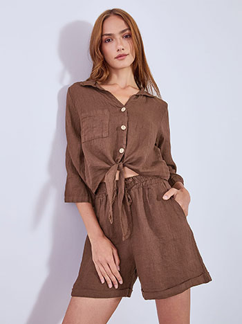 Shirt linen short with tie in dark brown