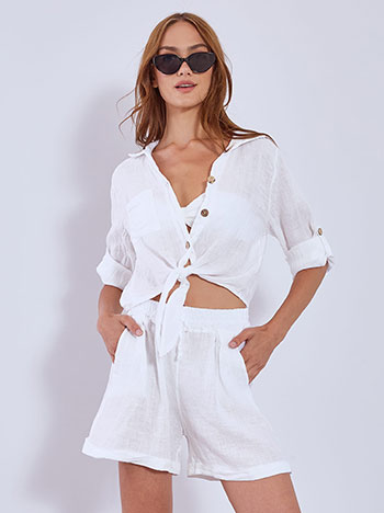 Shirt linen short with tie in white