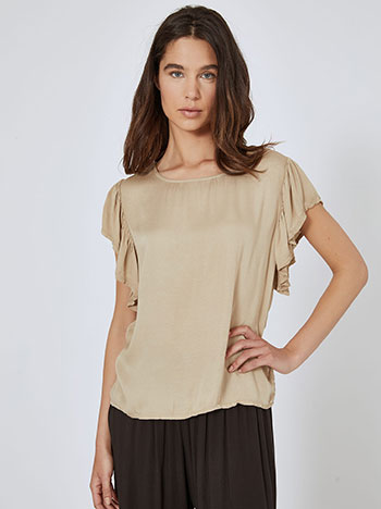 Top with ruffled sleeves in dark beige