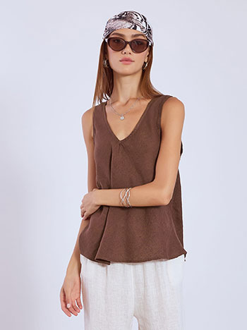 Top linen with V neckline in dark brown