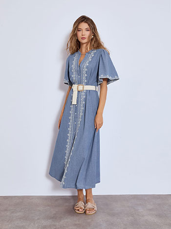 Dress cotton embroidered maxi with sequins in blue