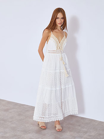 Dress maxi with sequins and tassels in white