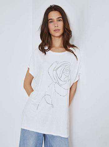 Top with sequined rose in white