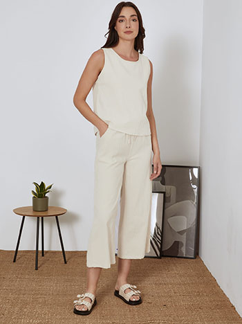 Top and wide leg trousers with linen set in beige