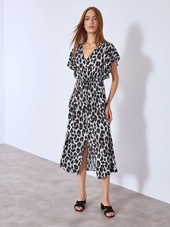Dress leopard with decorative buttons in grey
