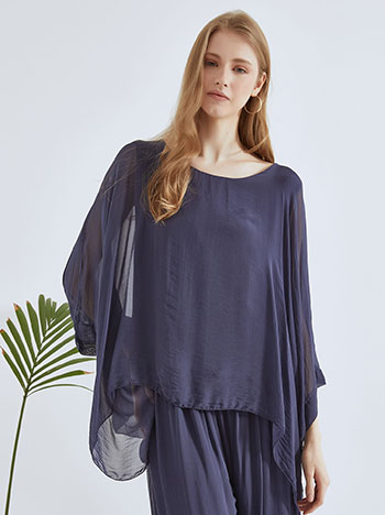 Top asymmetric with silk in dark blue