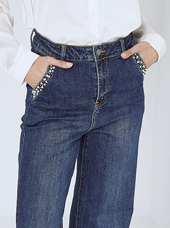 Jeans straight line with pearls in dark blue