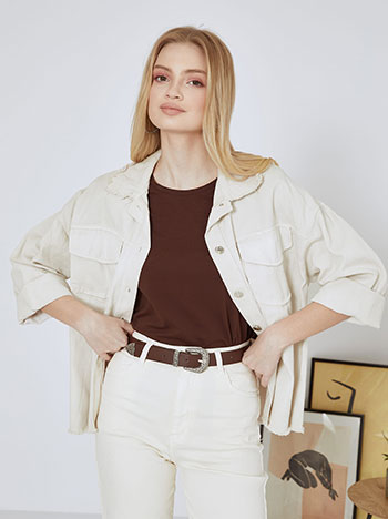 Jacket jeans with raw hemline in light beige