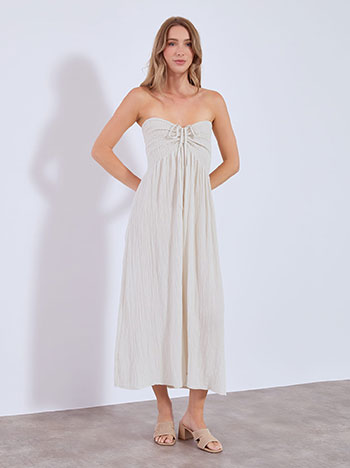 Dress strapless midi with shirred details in light beige
