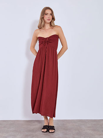 Dress strapless midi with shirred details in wine red