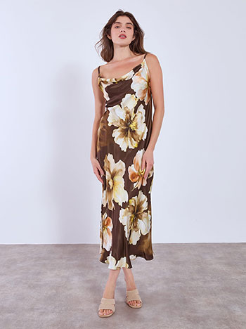 Dress midi with draped neckline in brown