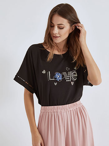Μπλούζα love με πέτρες strass σε μαύρο