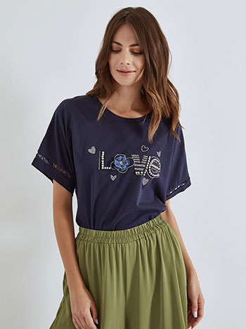 Μπλούζα love με πέτρες strass σε σκούρο μπλε